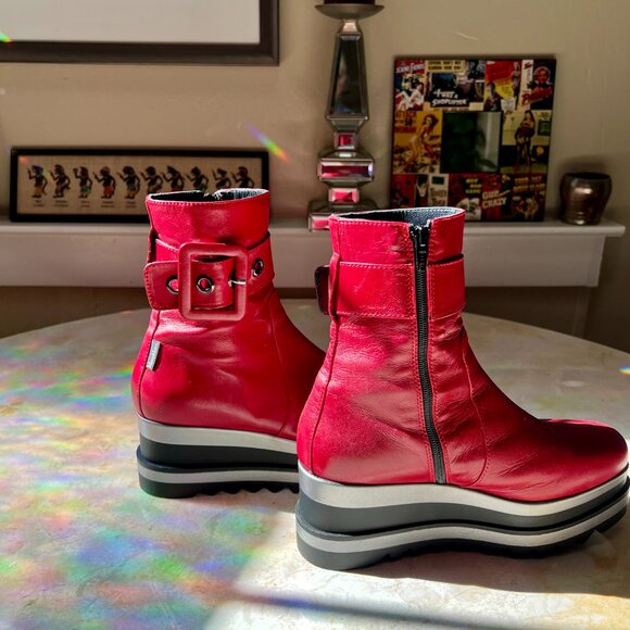 Red Leather Platform Moto Bootie Buckle Marco Moreo Milano Italy Sz US 6.5 IT 37 - Picture 2 of 13